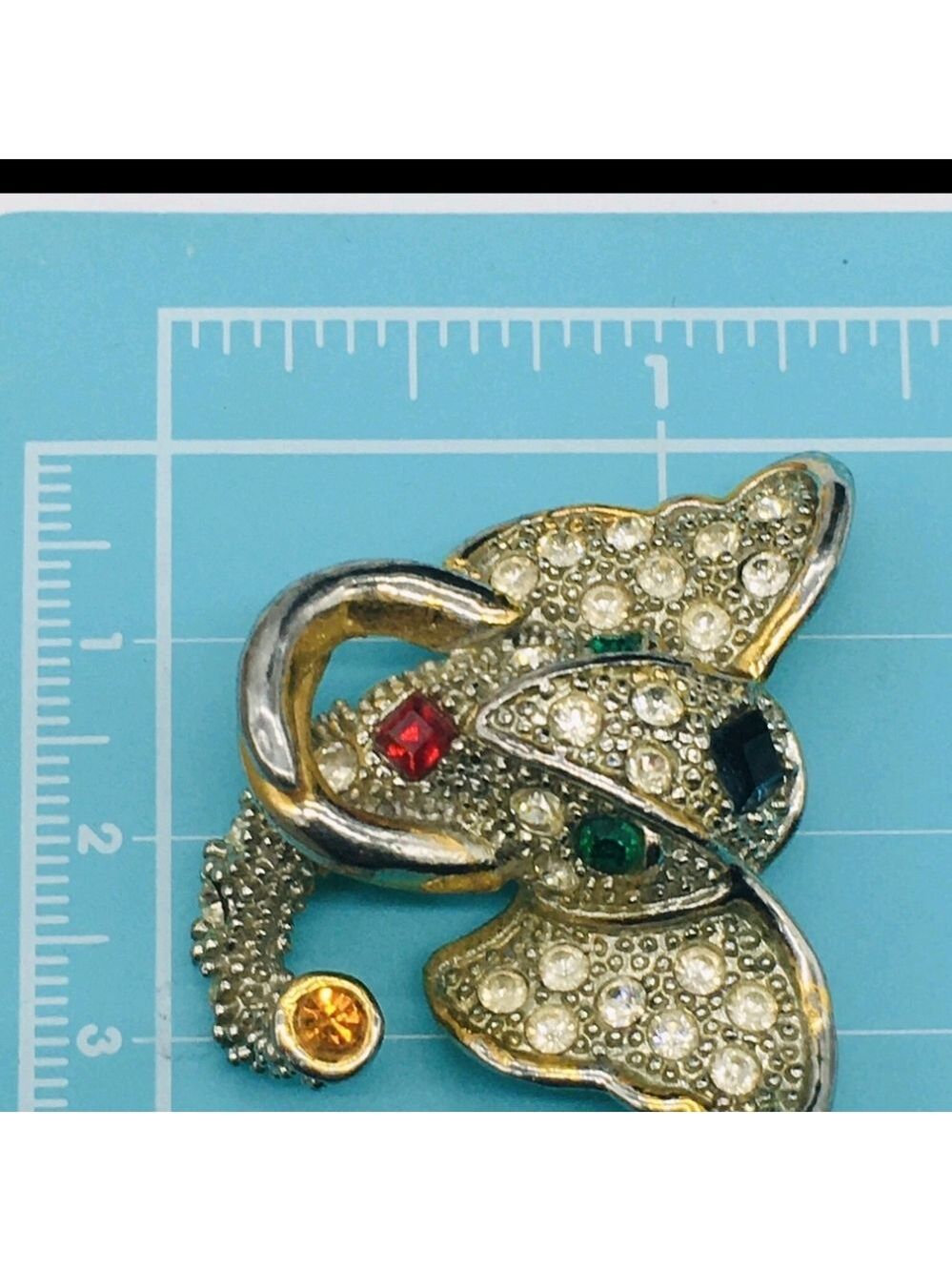 Vintage Two-Tone Multicolored Rhinestone Elephant Brooch with Tusks – 1.5”